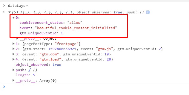 dataLayer for cookie consent banner