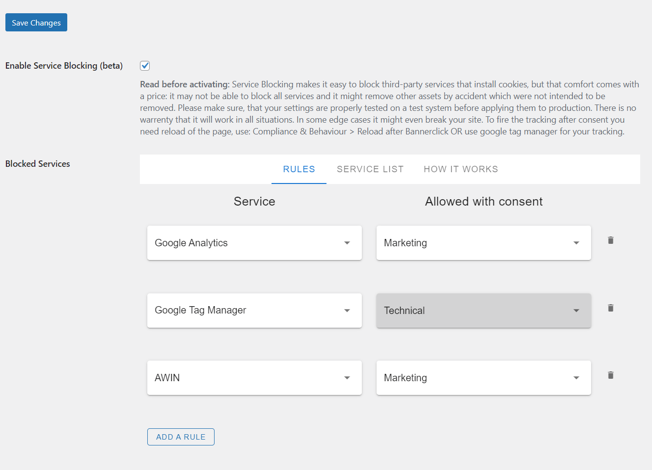 Screenshot of Cookie Block Settings for WordPress plugin