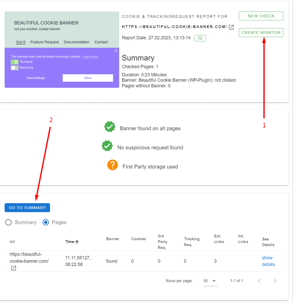 cookie scanner summary page