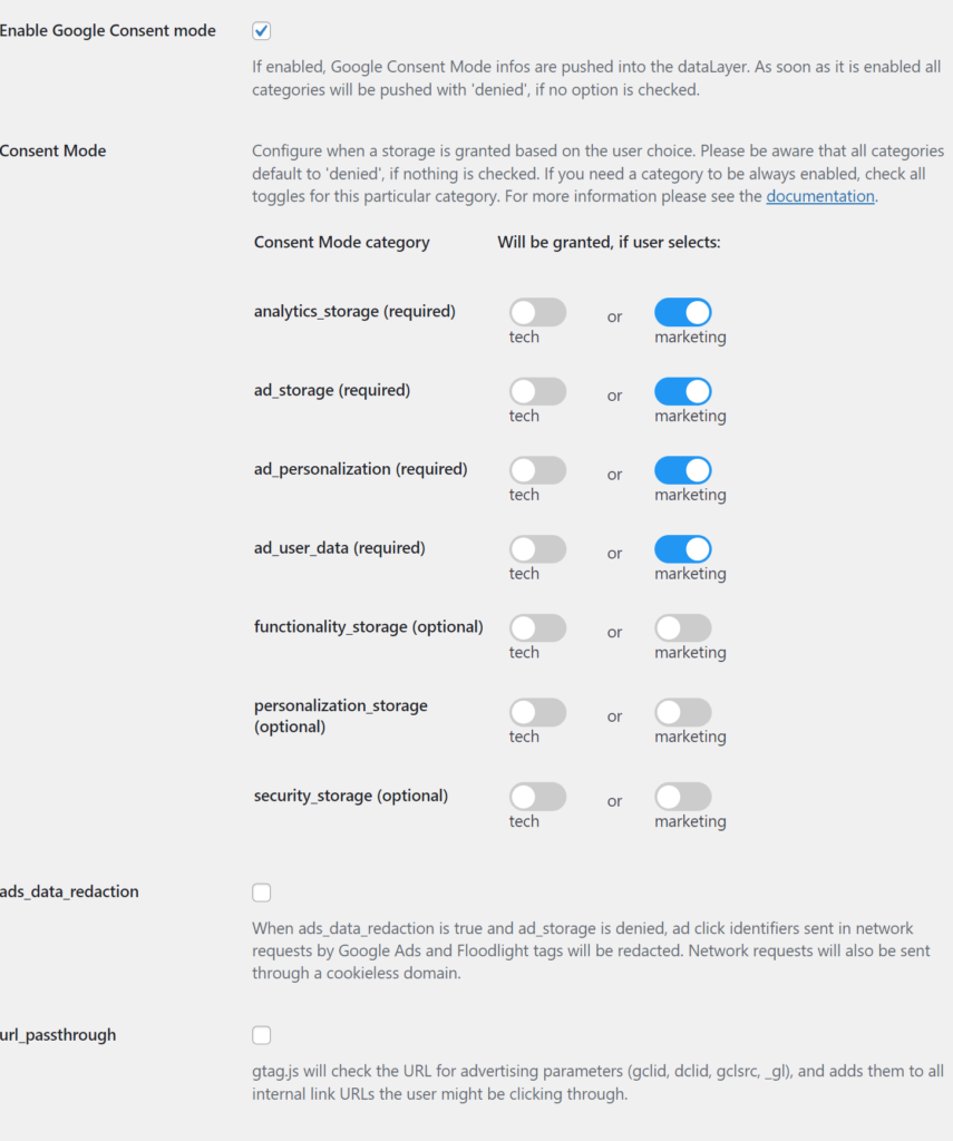 Example of Google Consent mode v2 configuration for WordPress plugin