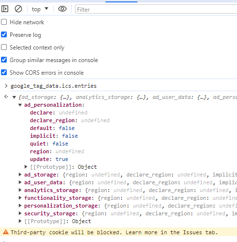 Google Consent mode browser console entries