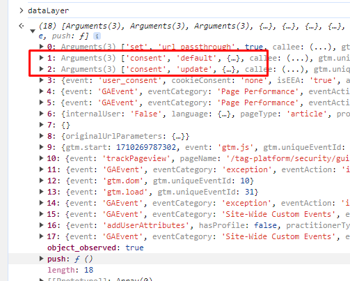 dataLayer entries with consent pushes