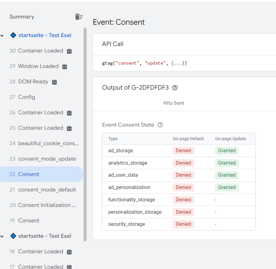 Tag Assistant result consent mode v2 default and update on next page view