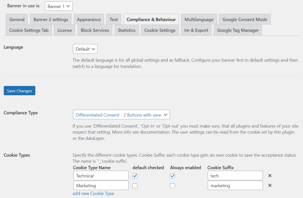 Example Config for Consent Banner 1 for Google Consent Mode.