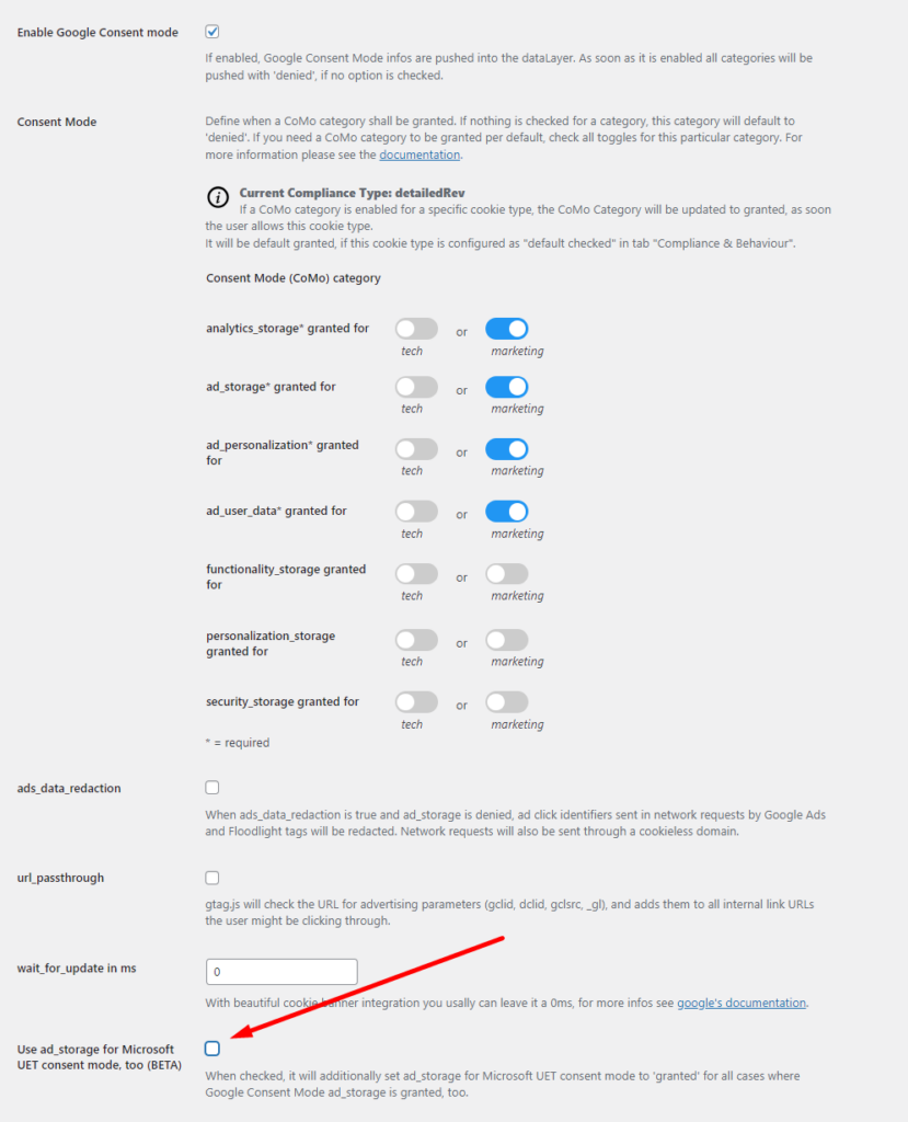 Example Screen how to enable Microsoft UET consent mode for WordPress.