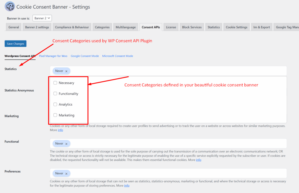 Consent Categories of WP Consent API
