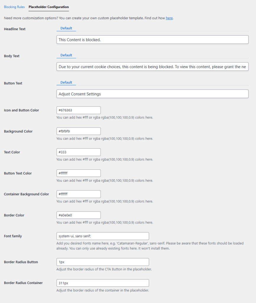 Customization options for iframe placeholder for consent banner.