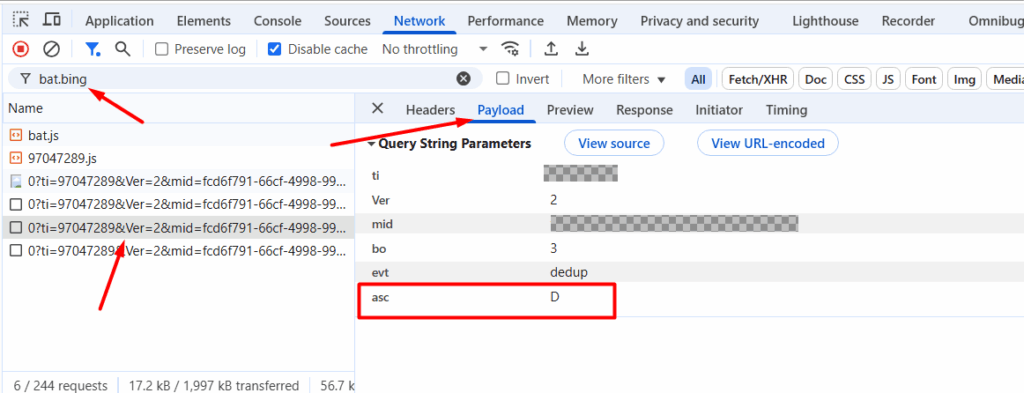 example network tab for debugging MS UET consent mode.