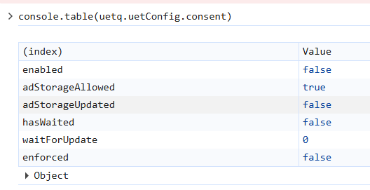 Microsoft UET Consent Mode Example output