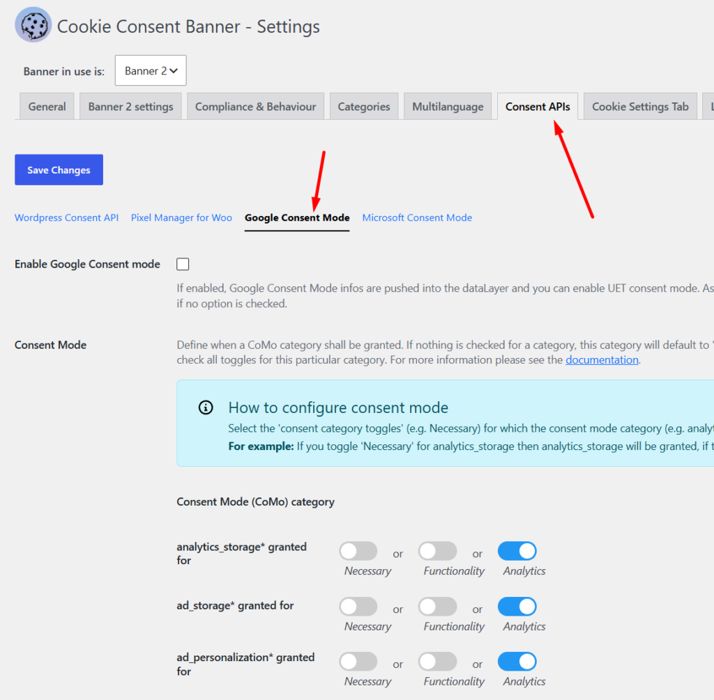 Google Consent Mode Config for WordPress Cookie Banner